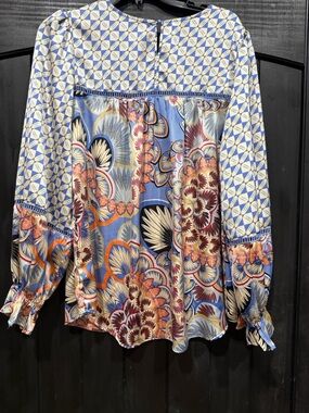 Printed Long-Sleeve Boho Blouse - Blue Multicolor